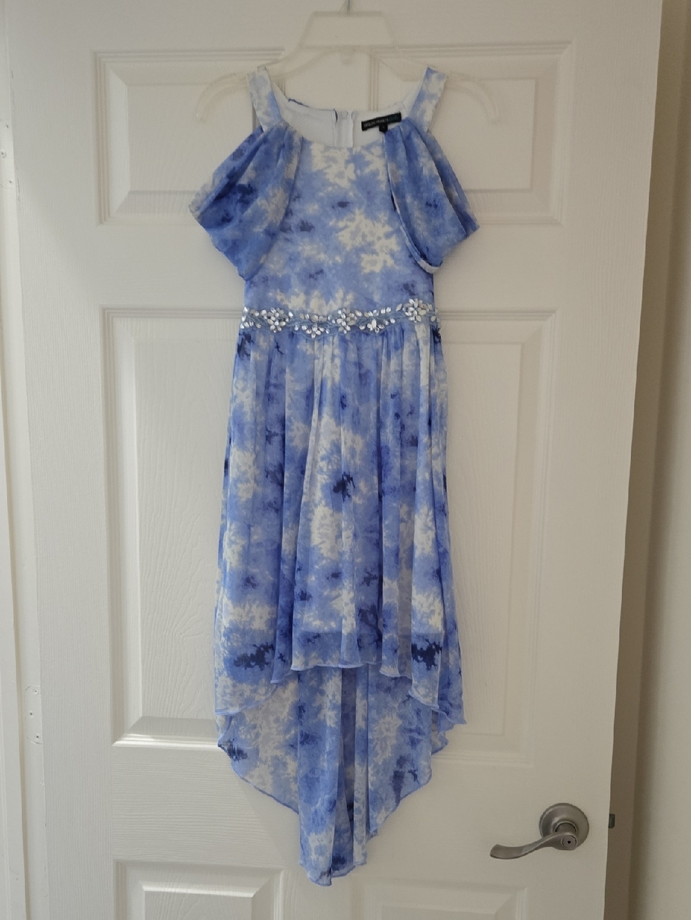 Blue and White Floral High-Low Dress with Beaded Waist